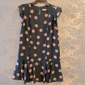 Loft dress. Polka dots Rose/pink on gray. Ruffle flare at bottom.